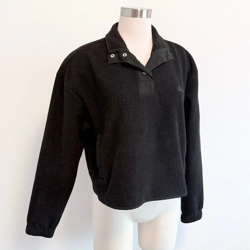 Adidas Athletic Cropped Black Sherpa Fleece Button Jacket Sweatshirt L
